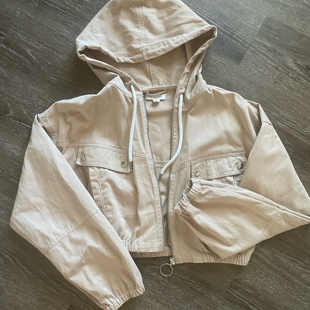 Topshop Cropped Hooded Zip Up Jacket (Sand Color)
